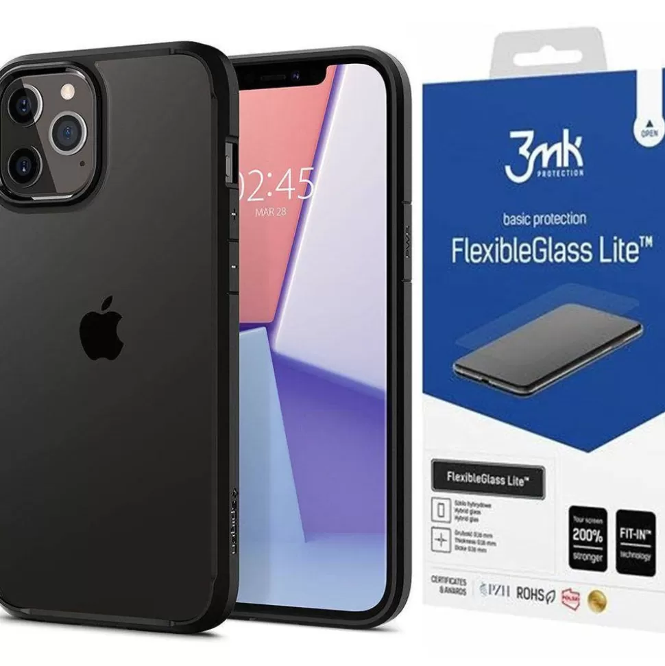 Spigen Iphone 12 | Iphone 12 Pro*Ultra Hybrid iPhone 12 / 12 Pro Etui Matte Black Czarne Case + Szkło 3MK Flexible Glass Lite